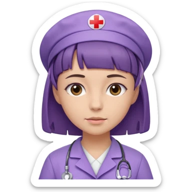 A young female slim nurse with short Brown hair with fringe over her forehead, wearing larvendar purple working cloth sticker