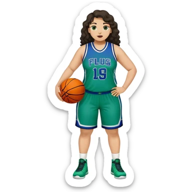 full body plus size light skin latino women basketball player with wavy dark hair large wide nose wearing blue with green uniform sticker