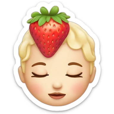 Baby face sleeping with eyes closed with a strawberry on top of the head sticker