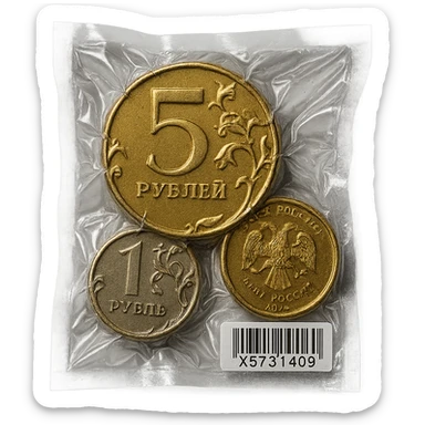 Russian coins, shiny and inflated, vacuum-sealed style sticker