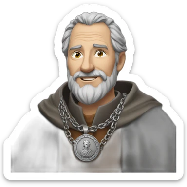 medieval coin engravers guild leader, 50 years old, grey hair, bust, has a necklace with a coin, has a coin in one hand sticker