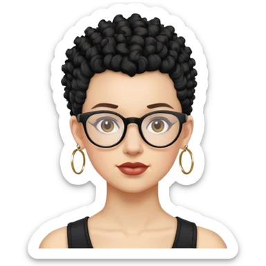 mulher branca de óculos, cabelo moicano preto enrolado, argolas pequenas de brinco sticker