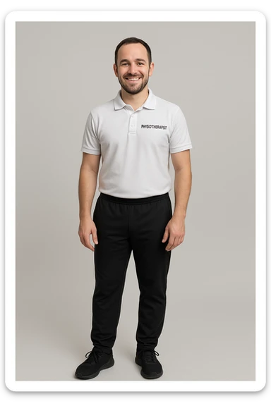 full body physiotherapist in polo shirt and sporty pants, relaxed posture sticker