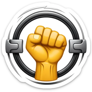 An emblem-style emoji symbolizing striking martial arts. A bold, stylized fist in the center, surrounded by dynamic motion lines representing speed and impact. The background includes a minimalistic combat ring or arena silhouette. Transparent background. sticker