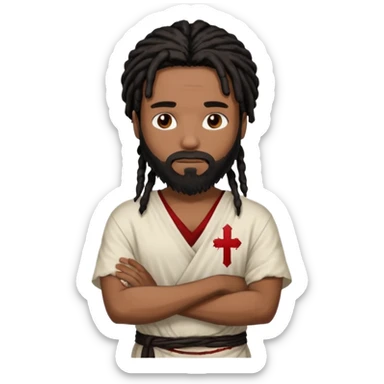 African American man with shoulder length black dreadlocks with black beard wearing a white blood stained white tunic with arms folded together across chesttunic sticker