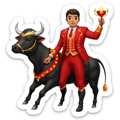 Create a realistic image of a traditional bullfighting scene in a Spanish arena.
Show a bullfighter (matador) HOLDING a red cape (muleta) not wearing one. as a powerful black bull charges toward it. sticker