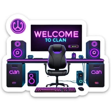 Computer gaming setup with welcome to the clan banner sticker