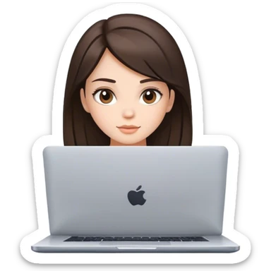 a brunette girl with a square hairstyle, with a laptop sticker