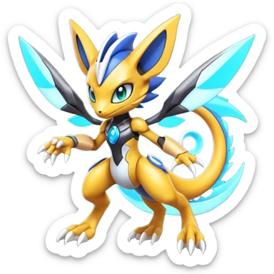 Modern Futuristic Cyber-Meloetta-Greymon-Inteleon-Greninja-Pokémon-Digimon-Fakémon-fusion-hybrid-creature sticker