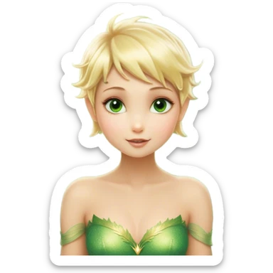 Cinematic Realistic Blonde Tinker Bell Fairy Portrait, depicted with lifelike, delicate skin glowing with a subtle radiant aura, soft natural lighting accentuating her gentle features, and intricately detailed golden blonde hair styled in a whimsical pixie cut. Her iridescent, translucent wings shimmer with delicate fairy dust, and her expressive, sparkling eyes reflect a world of magic. Adorned in a subtle blend of woodland greens and soft pastel accents, the portrait exudes an enchanting glow that seamlessly merges realism with fairy charm. sticker
