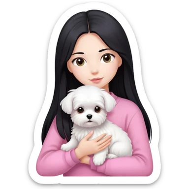 Beautiful girl with long straight black hair, fair skin, wearing pink clothes, holding a pure white fluffy Maltese dog sticker