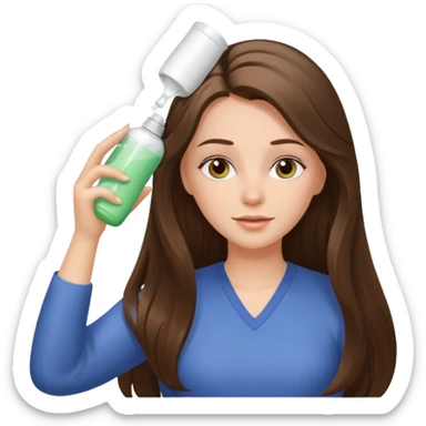 white long brunette hair girl with hazel eyes putting shampoo in sticker