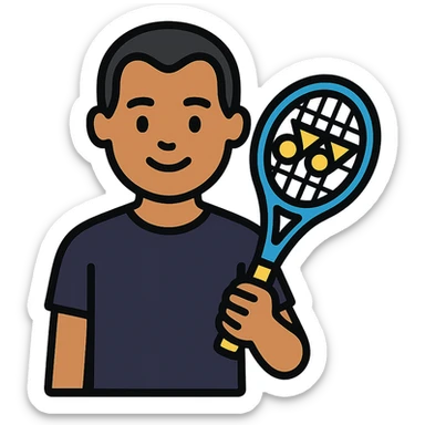 light brown skinned male tennis coach, short straight black hair with widow's peak, oval face, small eyes, smiling, holding blue Yonex tennis racket, wearing dark navy blue dry fit shirt sticker