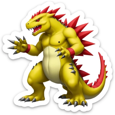 Cool edgy shiny Guilmon-Tyranitar-Drudigon-Digimon-hybrid-fusion, yellow belly, full body sticker