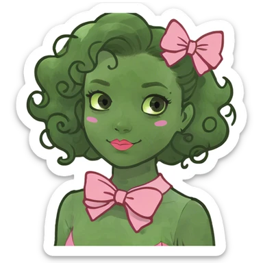 White girl with brown hair that is curly with a pink bow and pink dress sticker