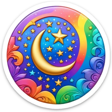 A round psychedelic colored button with a rainbow colored damask style moon and stars in the center sticker