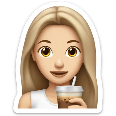 Beautiful white woman, long light brown hair, brown eyes, cozy holding an iced coffee sticker