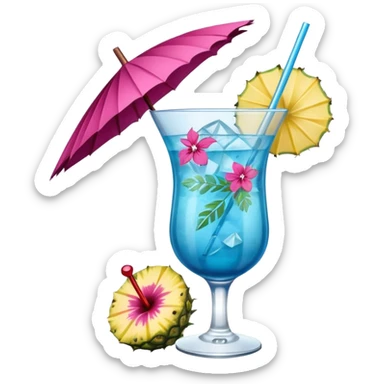 vibrant tropical fruity blue cocktail with hibiscus, pineapple slice, and paper umbrella garnish sticker