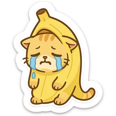 Cat meme, a little yellow cat wearing a banana suit, weak and helpless, crying sticker
