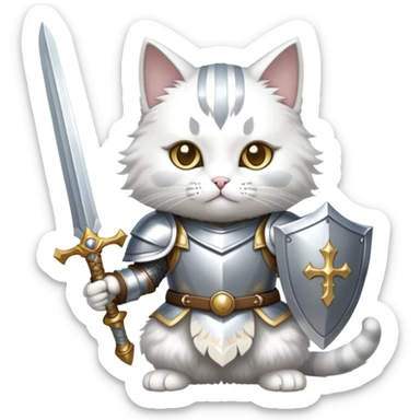 cat dressed as a paladin with shining armor and a holy sword sticker