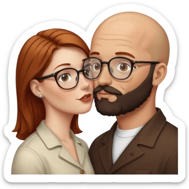 Couple. Bald man with dark brown-black beard. White woman with many small, faded freckles, she has white skin and she has auburn-brown-cinnamon, dark long hair. She has light brown eyes. The man have hazel eyes and glasses. Retro style. She kisses him. sticker