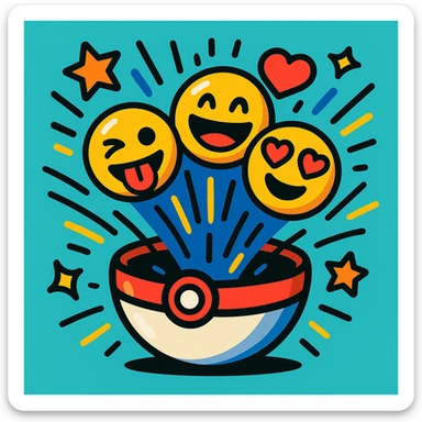 A Poké Ball with emojis popping out of it, surrounded by animated effects like lines and stars, playful energetic cartoon style sticker