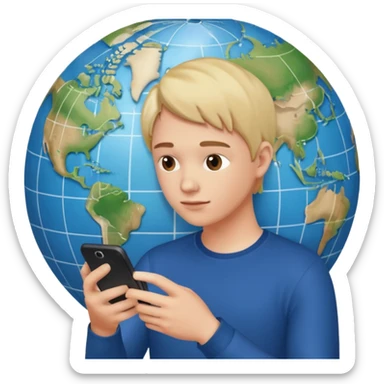 bola del mundo internet y una cara en medio mirando un movil sticker