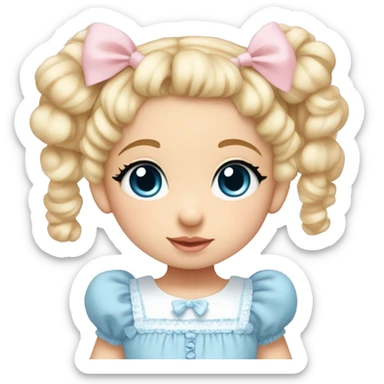 toddler girl with brown eyes and blonde curly hair in two pigtails wearing a baby blue lolita dress with baby pink hair bows sticker