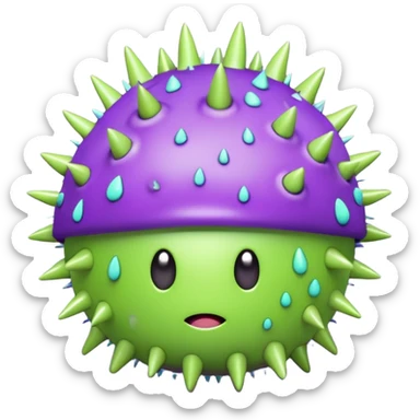 A cute but grumpy 3D render icon of a virus. A spherical shape covered in rounded mushroom-like spikes. Glossy plastic material, cartoonish style. Color palette: bright slime green and purple spikes. Soft studio lighting. Isolated on a solid light background. Minimalist design. sticker