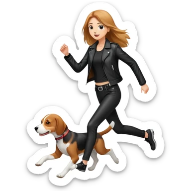 A beautiful tall girl with fair skin and long hair wearing a black leather jacket and black pants running with Beagle sticker