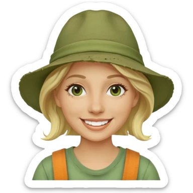 messy green clay mask and tourist hat blond woman  smiling and clay mask on face sticker