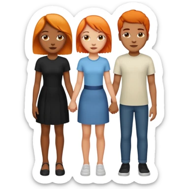 Three people holding hands first people is a female light skin have medium length half black half orange hair the second person is tall African American male short hair and the third people the third person is a female medium length black hair light skin sticker