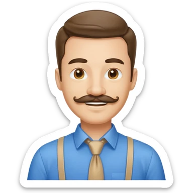 Business owner, well dressed, blue shirt, mustache, happy sticker