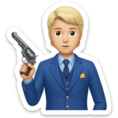 A blond man in a blue suit with a Colt pointing forward. sticker
