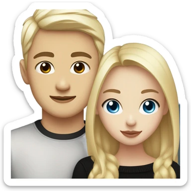 Blonde girl with blue eyes in black sweater and an east asian with light skin man with black hair and black eyes hugging sticker