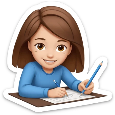 a girl who is getting on the ground and drawing cute herself on a paper  sticker