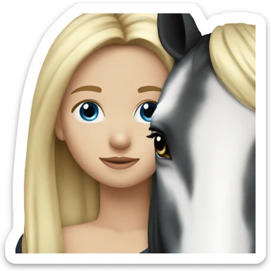 blonde girl with blue eyes hugging a black and white horse sticker