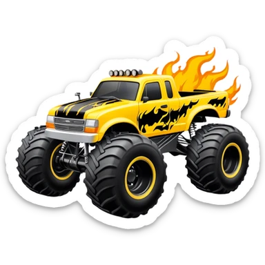 Maximum Destruction - Monster Jam (Model Year: 2021) (Iconic colour: Yellow with black flames) - A ferocious monster truck featuring a vivid yellow base accented by dramatic black flame patterns. Emphasize sharp, high-contrast flame streaks across the body, creating a look of aggressive, explosive energy. sticker