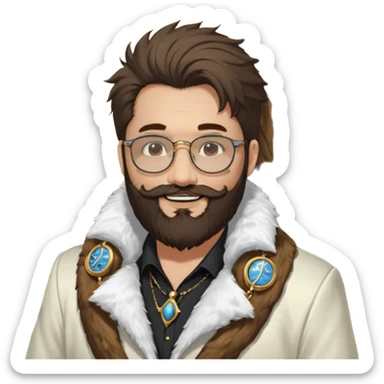 émoji blanc homme barbu, cheveux bruns collés au crane avec raie au milieu, grosses lunettes de soleil rectangulaires à grosse branches, gros bijoux en or (chaine, montre,) manteau de fourrure très fluffy sur les épaules sourire en coin, boucles d'oreilles sticker