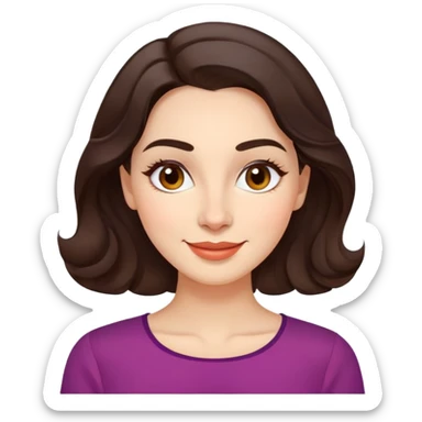Warm enthusiastic woman with light skin, oval face, soft defined features, large expressive brown eyes, medium arched eyebrows, small nose, medium lips with relaxed smile, long wavy dark brown hair styled simply, wearing a soft vibrant colored elegant blouse sticker