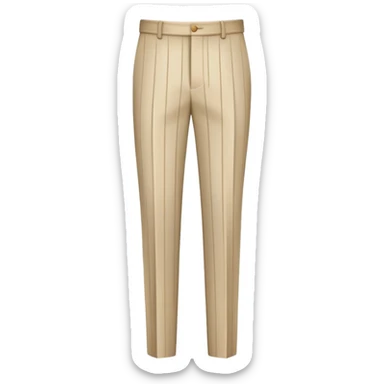 beige formal pants with white vertical pinstripes as a decorative pattern, thin white stripes running vertically on beige fabric, tailored trousers, isolated garment only sticker