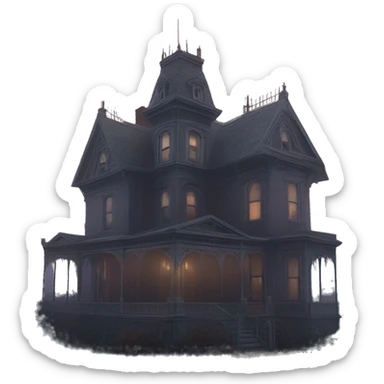 Wide view, A very roomy ramshackle Victorian Addams mansion looms through light fog at dusk  sticker
