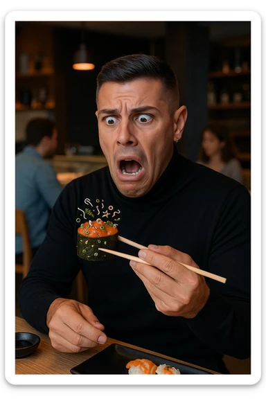 a man in casual clothes is about to eat a salmon gunkan at a sushi restaurant. As he brings it closer, he spots tiny parasites and bacteria wriggling on the fish. His face contorts in a dramatic expression of shock and alarm, with his hand frozen mid-air. The setting is a modern sushi bar, with other diners in the background unaware of the situation. sticker