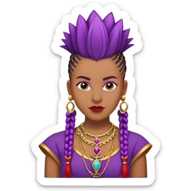 Brown skinned woman who is 5ft 6in with a mohawk individual braids, wearing a purple,  gold and red dashing wearing royalty jewelry sticker