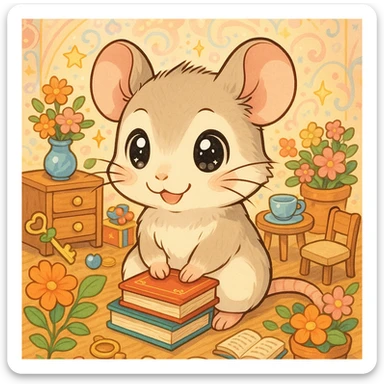 a cute rat in anime drawing style, surrounded by many objects and details, vibrant colors, adorable expression, decorative background sticker