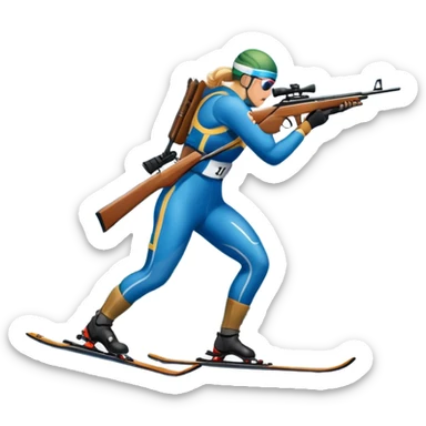 An icon featuring snow-covered trees, distant mountains, and a clear blue sky with a biathlete in motion, holding a rifle and skiing across a snowy course. Transparent background highlights the precision, endurance, and excitement of biathlon. sticker