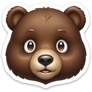 Cinematic Cute Bear Portrait Emoji, Head tilted playfully and inquisitively, featuring a glossy dark brown fur with a natural sheen and round, sparkling eyes filled with gentle curiosity, Simplified yet irresistibly adorable features, highly detailed, glowing with a warm, friendly glow, high shine, affectionate and mighty, stylized with a touch of woodland whimsy, bright and endearing, soft glowing outline, capturing the essence of a mischievous yet loving bear, so playful it feels like it could amble out of the screen and into your arms! sticker