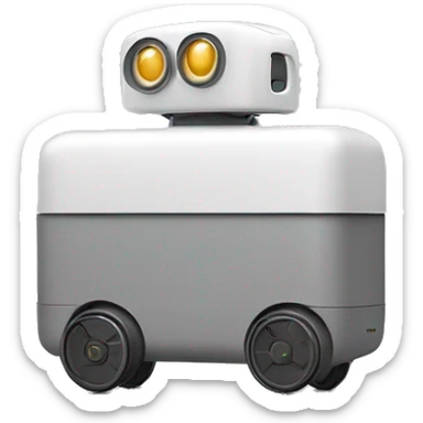 solid horizontal rectangle gray delivery robot with white circle white led eyes and opening lid on 4 wheels with food, minimalistic design sticker