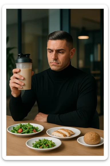 un uomo in abiti da ufficio tiene in mano uno shaker o una bottiglia di sostituto pasto, guardandolo con un’espressione neutra o leggermente indecisa. Sul tavolo davanti a lui ci sono piatti di cibo solido non toccati, come insalata, pollo e pane, a sottolineare la sua scelta di evitare il pasto tradizionale. L’atmosfera è moderna e riflessiva. sticker