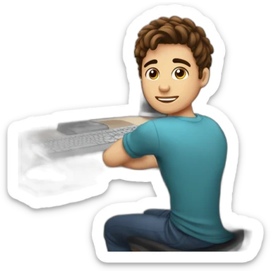 17 year old boy with brown hair big bushy eyebrows and face stubble sitting behind a computer  sticker